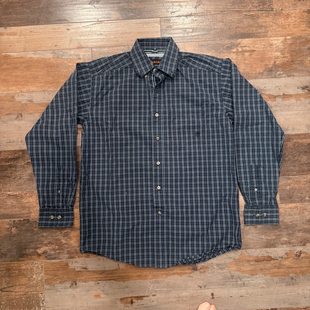 Ariat Pro Series Mens Small Navy Blue Plaid Lng Sleeve Western Button Down Shirt